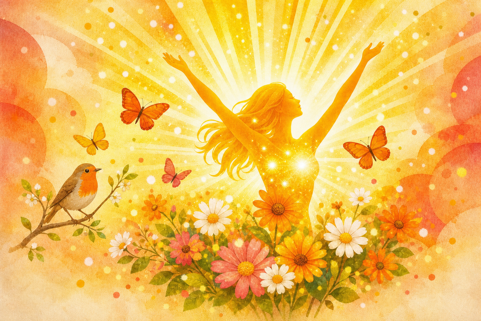 Femme lumineuse tournée vers la droite avec papillons et rouge-gorge